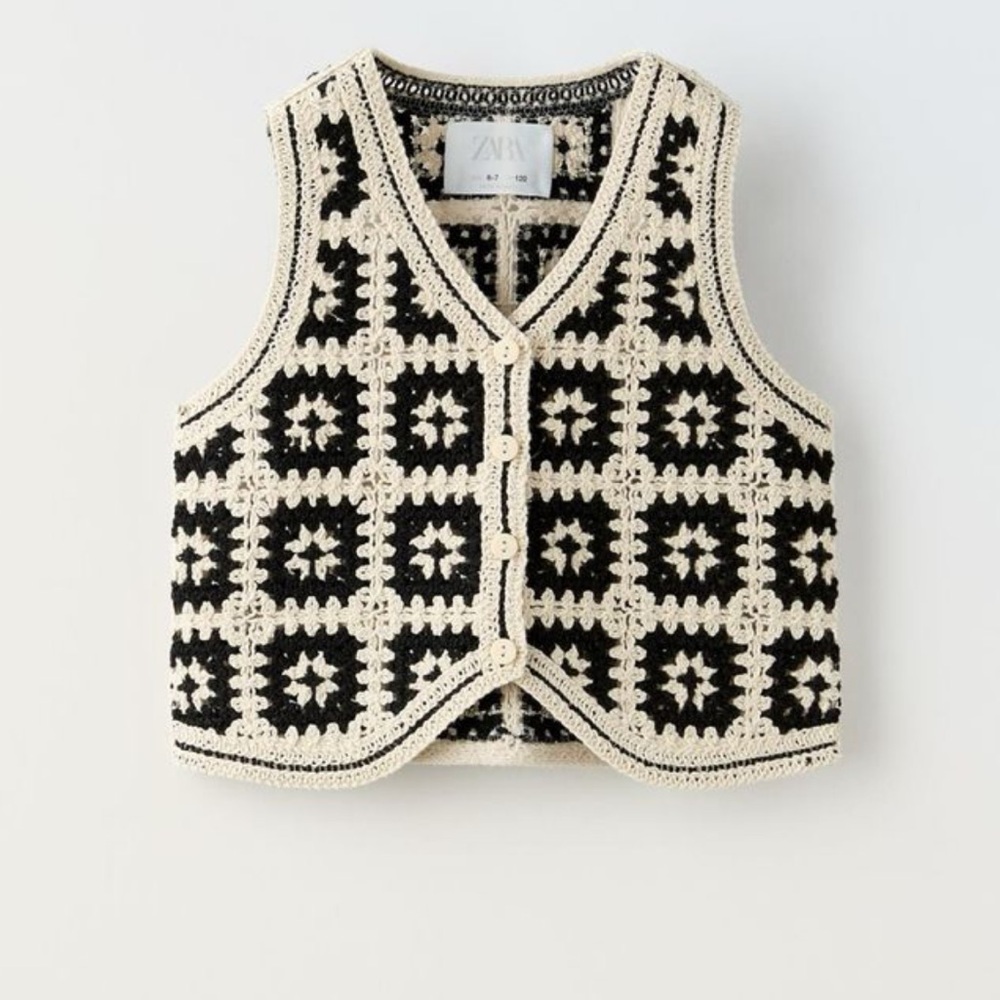 Zara Crocheted Button Front Vest in Black and Cream